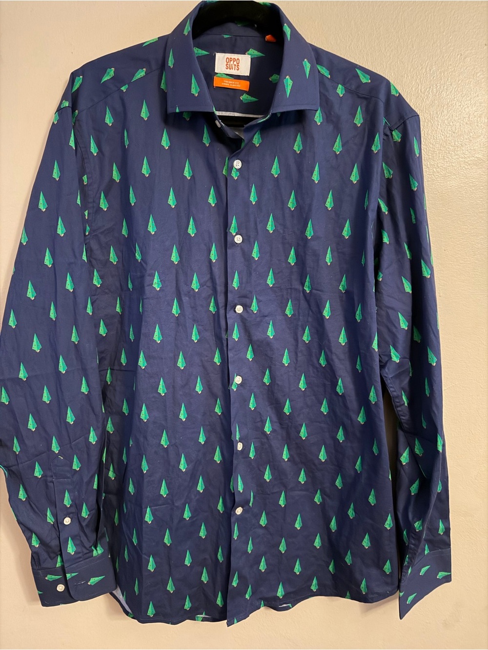 Oppo Navy Dress Shirt with Green Tree Print